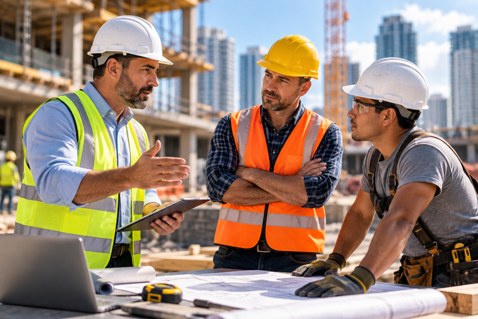 Construction Team Reviewing Blueprints Onsite